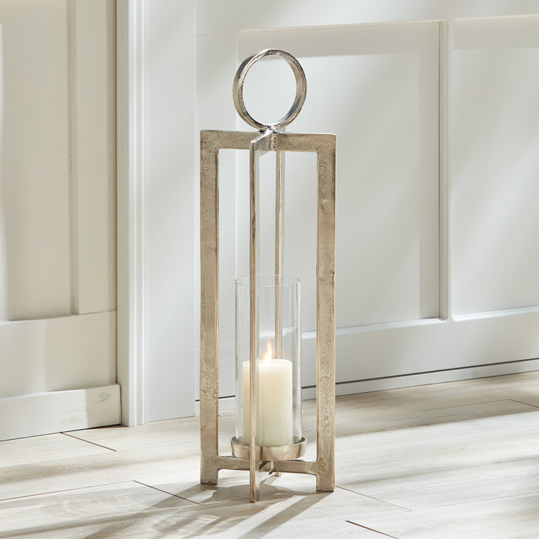 Silver Aluminum and Glass Hanging Tabletop Lantern