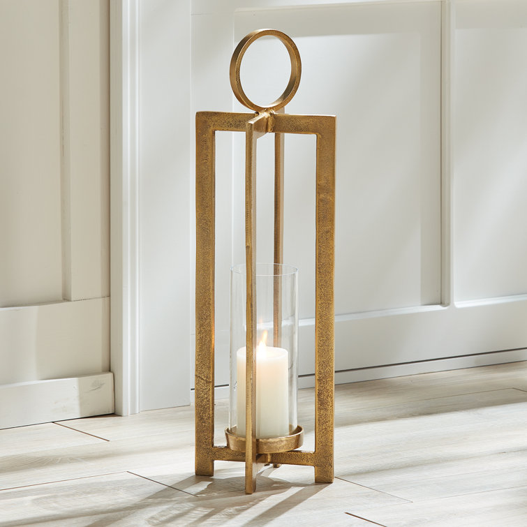 Gold Glass Hurricane Candle Lantern with Handle, 26"