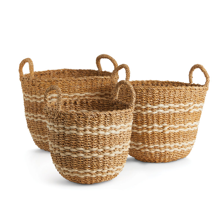 Natural Seagrass and Jute Round Storage Baskets, Set of 3