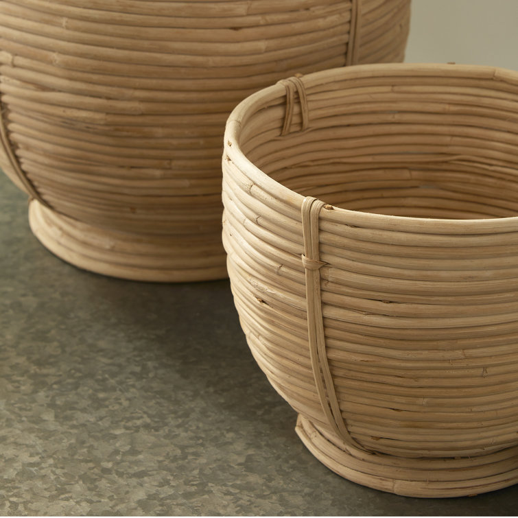 Mod Cane Rattan Light Finish Footed Decor Bowls, Set of 2