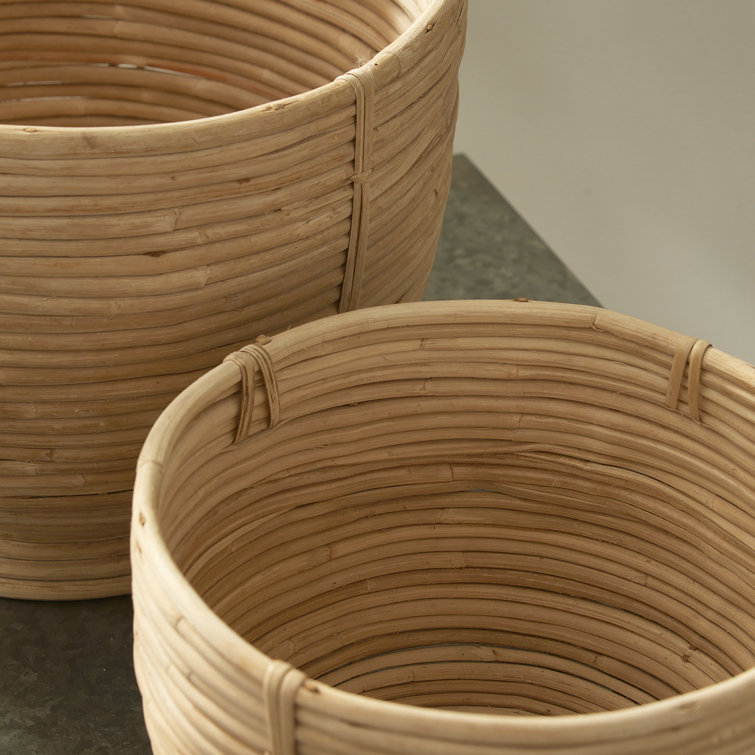 Mod Cane Rattan Light Finish Footed Decor Bowls, Set of 2