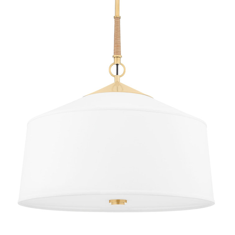 Aged Brass 3-Light Pendant with White Linen Shade and Rattan Accents