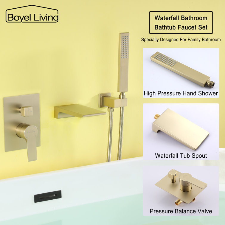 Brushed Gold Wall Mount Roman Tub Faucet with Hand Shower