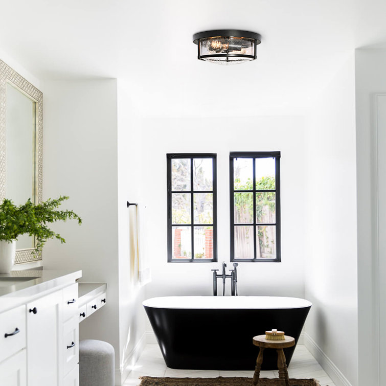 Matte Black Farmhouse Drum Flush Mount with Seeded Glass Shade