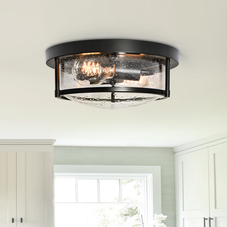 Matte Black Farmhouse Drum Flush Mount with Seeded Glass Shade