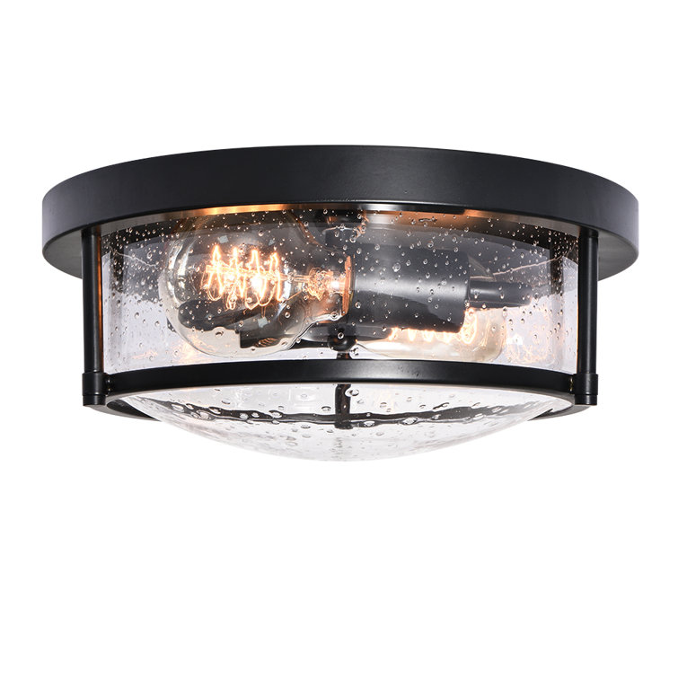 Matte Black Farmhouse Drum Flush Mount with Seeded Glass Shade