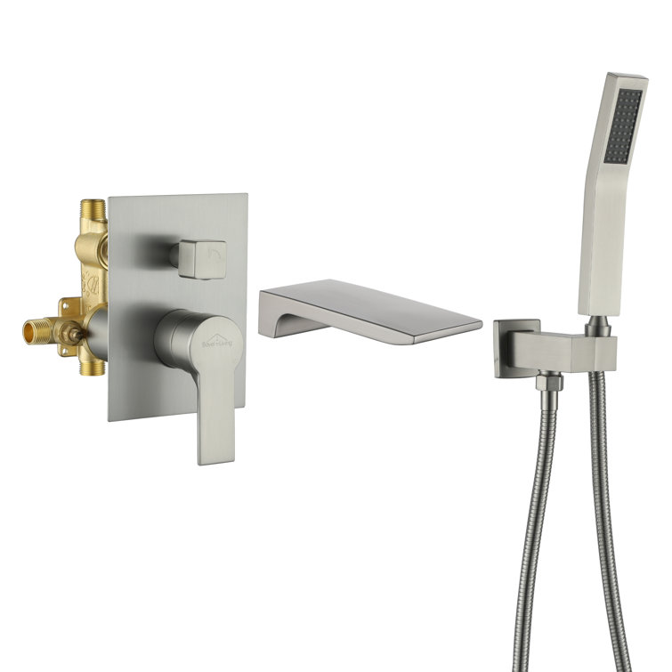 Brushed Nickel Wall-Mount Waterfall Tub Faucet with Hand Shower