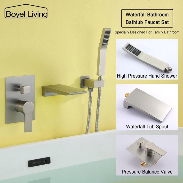 Brushed Nickel Wall-Mount Waterfall Tub Faucet with Hand Shower