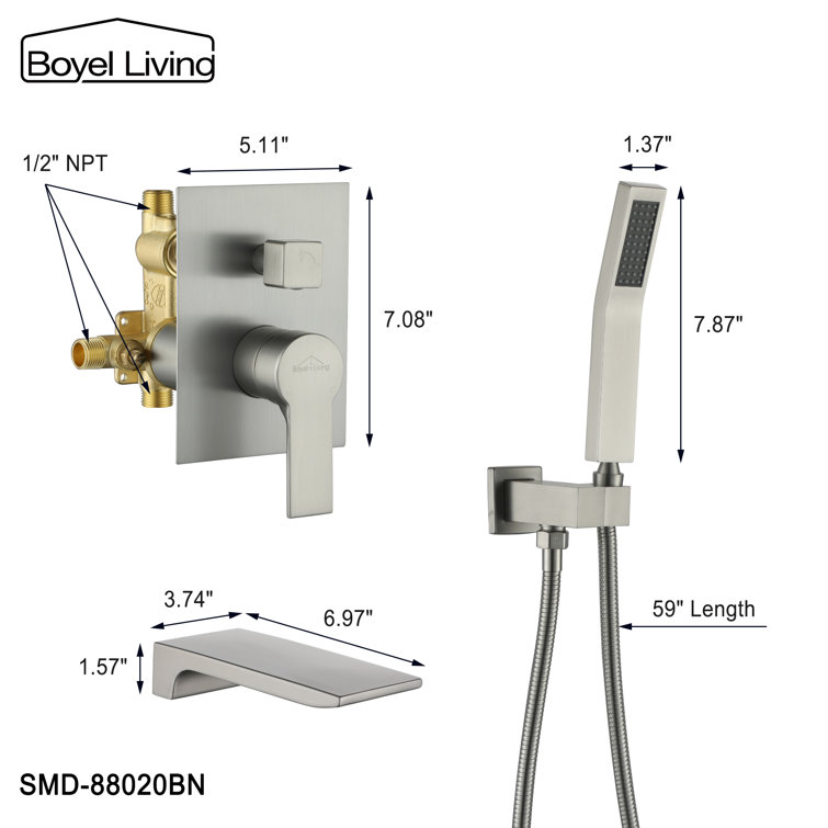 Brushed Nickel Wall-Mount Waterfall Tub Faucet with Hand Shower