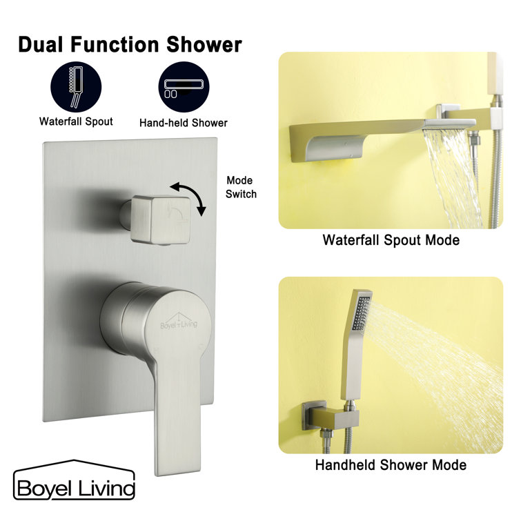 Brushed Nickel Wall-Mount Waterfall Tub Faucet with Hand Shower