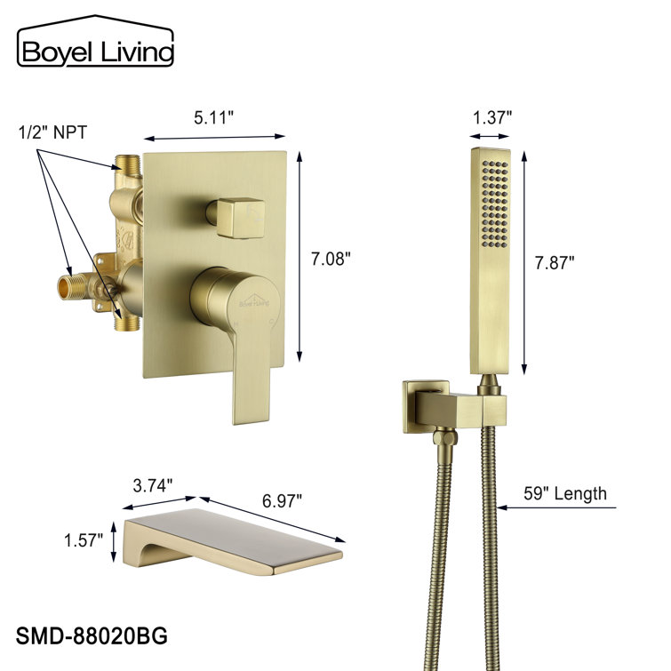 Brushed Gold Wall Mount Roman Tub Faucet with Hand Shower