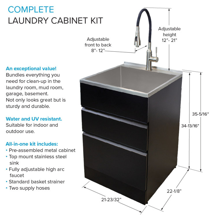 Matte Black Stainless Steel Laundry Utility Sink with Cabinet