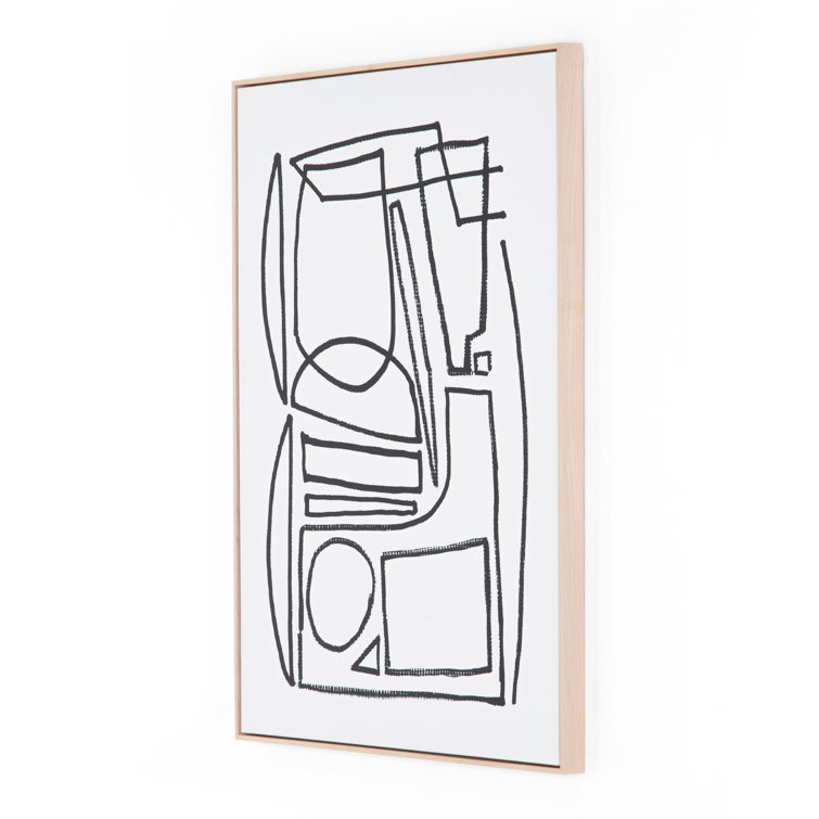 Abstract Black and White Canvas Drawing with Light Brown Frame