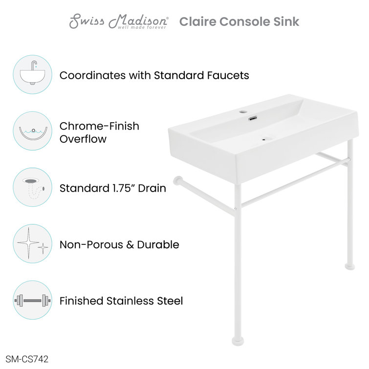 Claire 30" White Ceramic Wall-Mount Console Sink