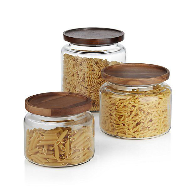 Clear Glass Food Storage Jars with Acacia Lids, Set of 3