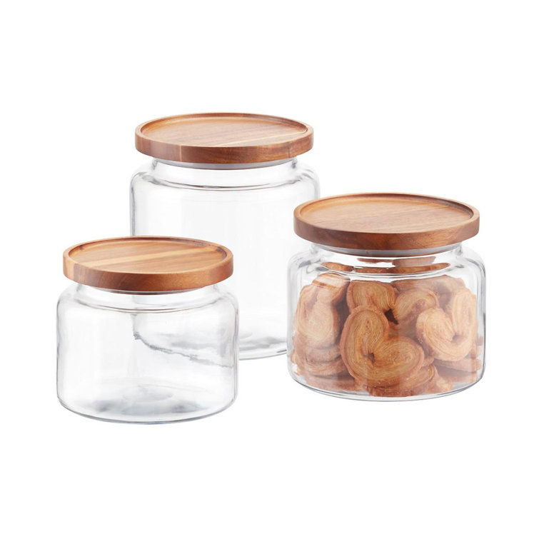 Clear Glass Food Storage Jars with Acacia Lids, Set of 3