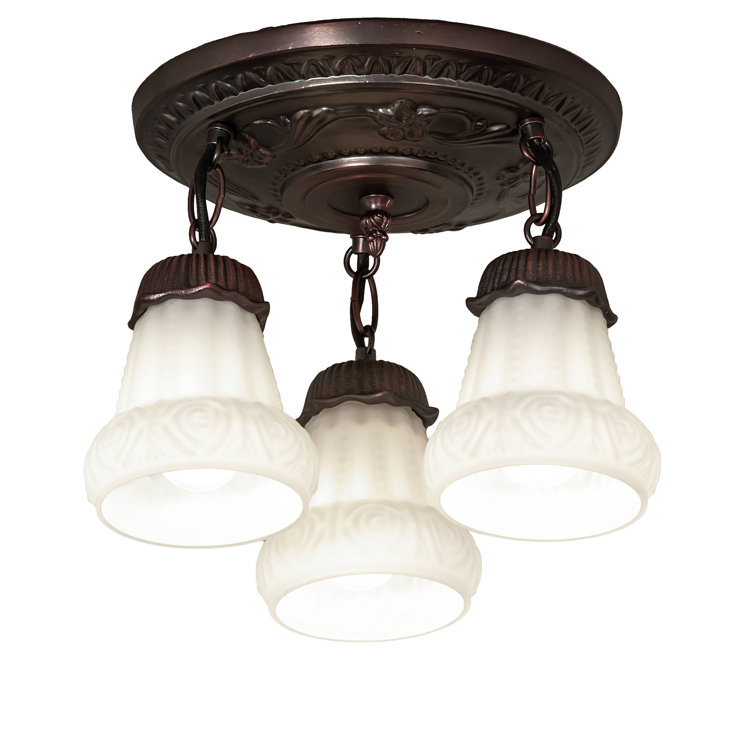 Vintage White Puffy Rose 3-Light Semi-Flush Mount in Mahogany Bronze