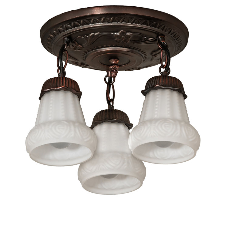 Vintage White Puffy Rose 3-Light Semi-Flush Mount in Mahogany Bronze