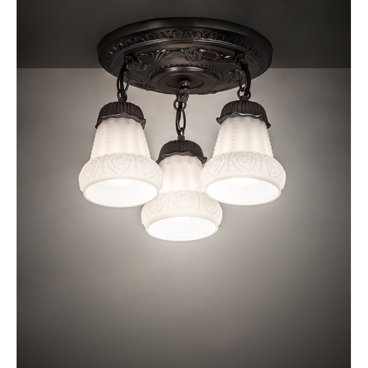 Vintage White Puffy Rose 3-Light Semi-Flush Mount in Mahogany Bronze