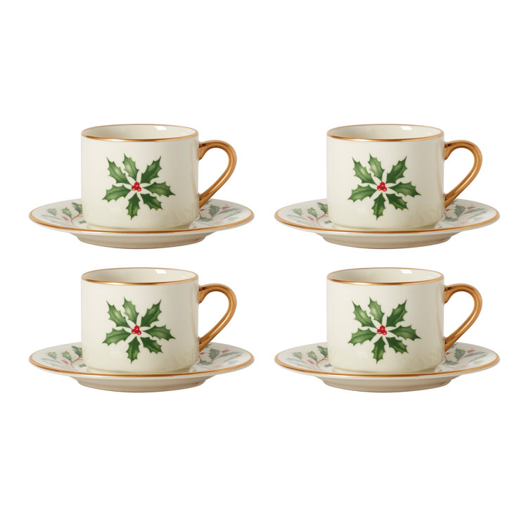 Ivory Ceramic Holiday Espresso Cup & Saucer Set with Holly Motif