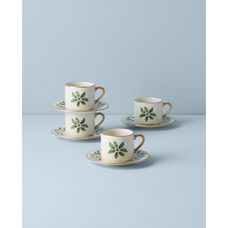 Ivory Ceramic Holiday Espresso Cup & Saucer Set with Holly Motif
