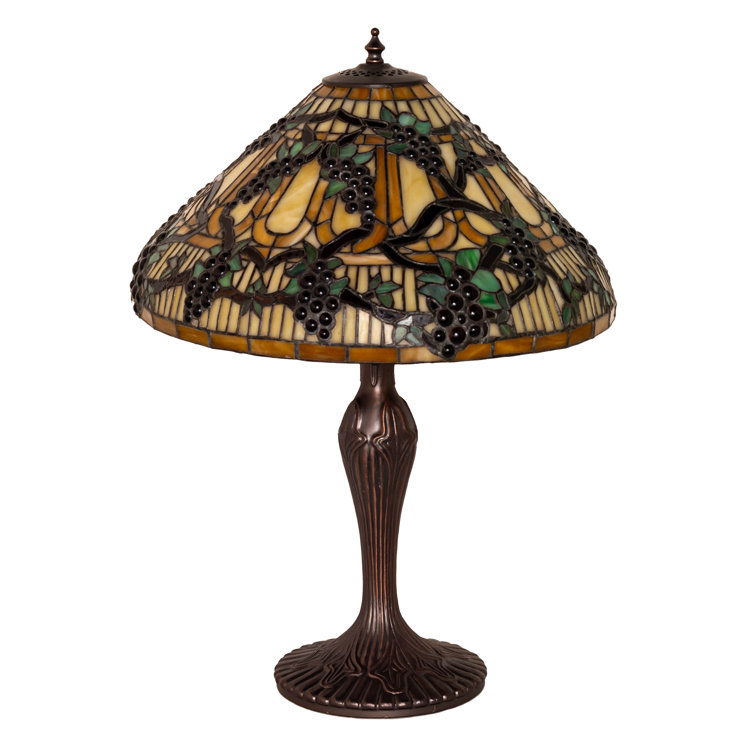 Beige & Purple Stained Glass Table Lamp with Bronze Base