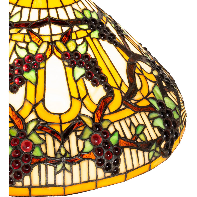 Beige & Purple Stained Glass Table Lamp with Bronze Base