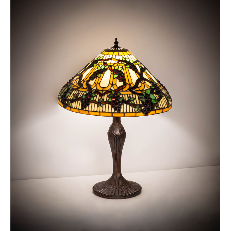 Beige & Purple Stained Glass Table Lamp with Bronze Base