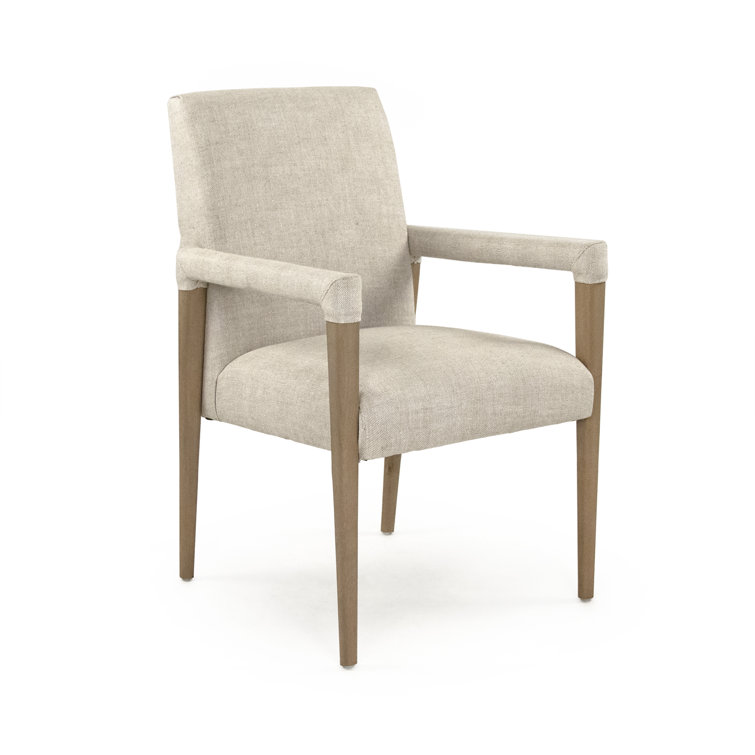 Cream and Tan Fabric Armchair with Wood Frame