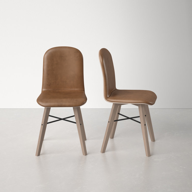 Brown Genuine Leather Upholstered Side Chair with Oak Legs, Set of 2