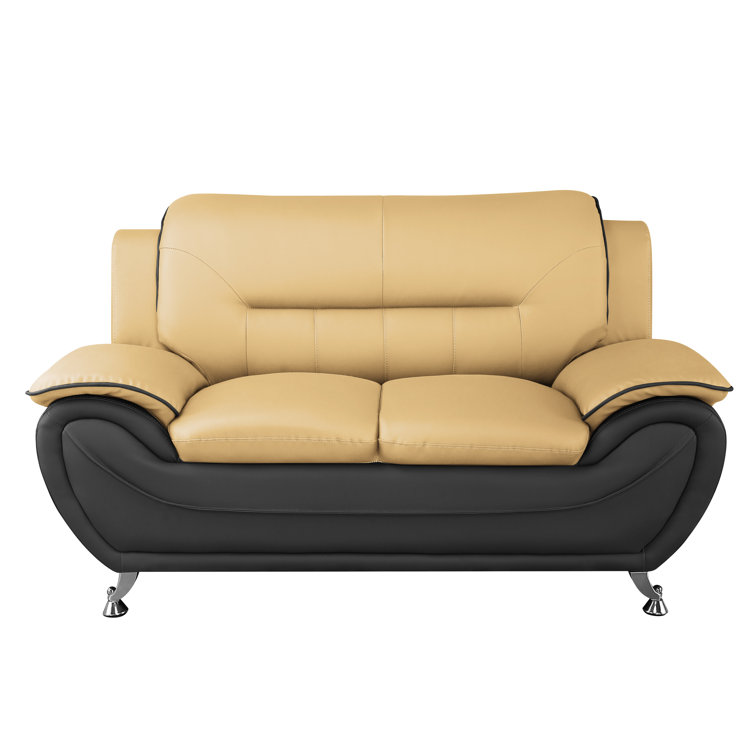 Camel and Black Faux Leather Tufted Loveseat with Pillow Top Arms