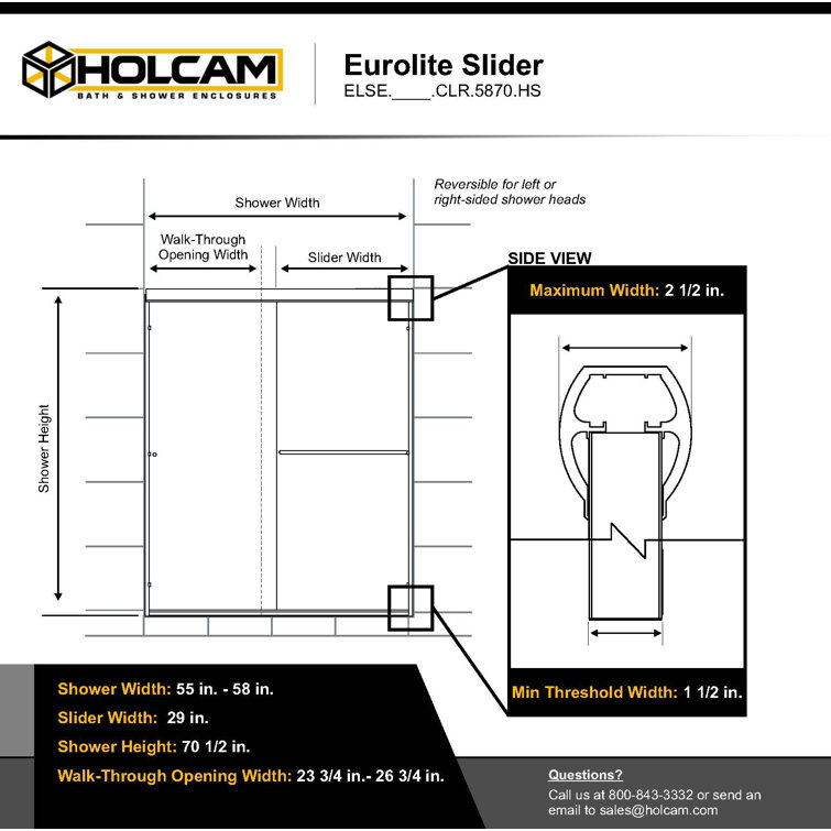 Eurolite 58" Matte Black Frameless Sliding Shower Door with Clear Glass
