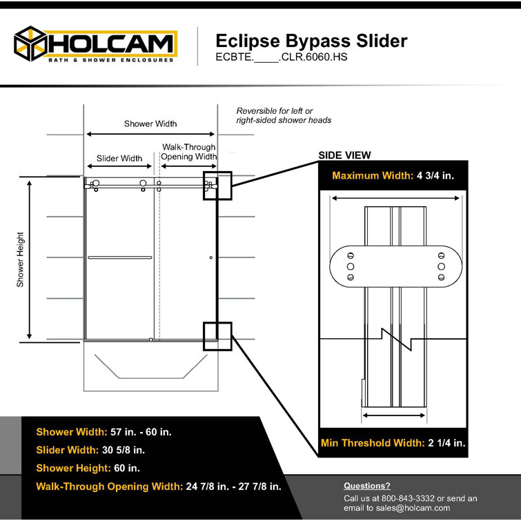 Eclipse 60" Frameless Brushed Nickel Sliding Tub Door with Clear Glass
