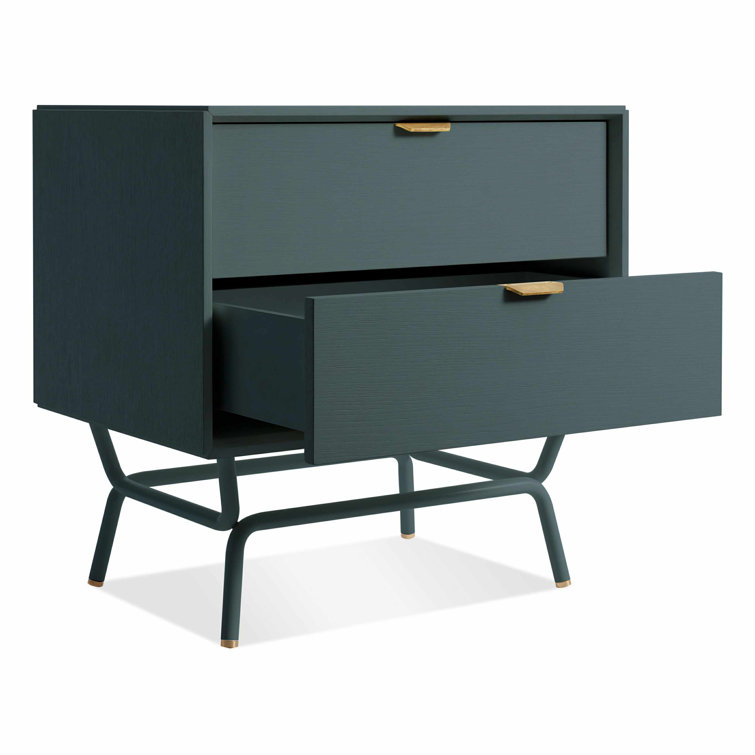 Marine Blue Wood 2 Drawer Nightstand with Brass Pulls