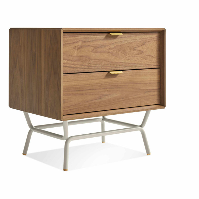 Walnut and Putty Gray 2 Drawer Nightstand with Brass Pulls