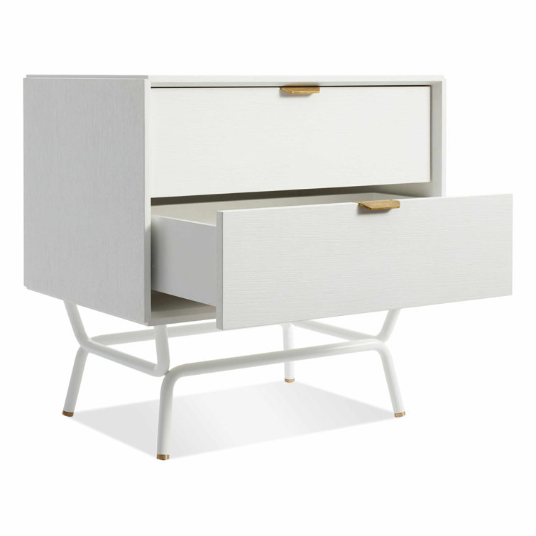 White Wood 2-Drawer Nightstand with Brass Pulls