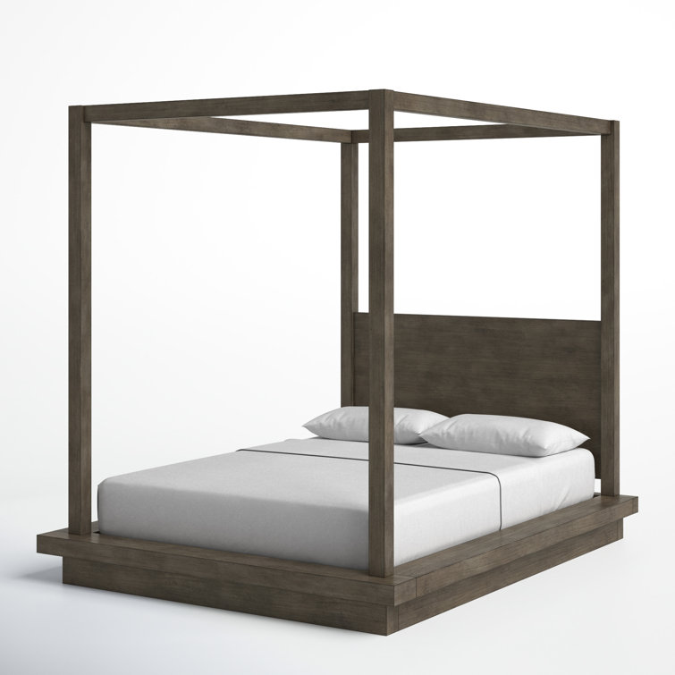 Rustic Dark Pine Queen Canopy Bed with Plinth Base and Storage Drawer