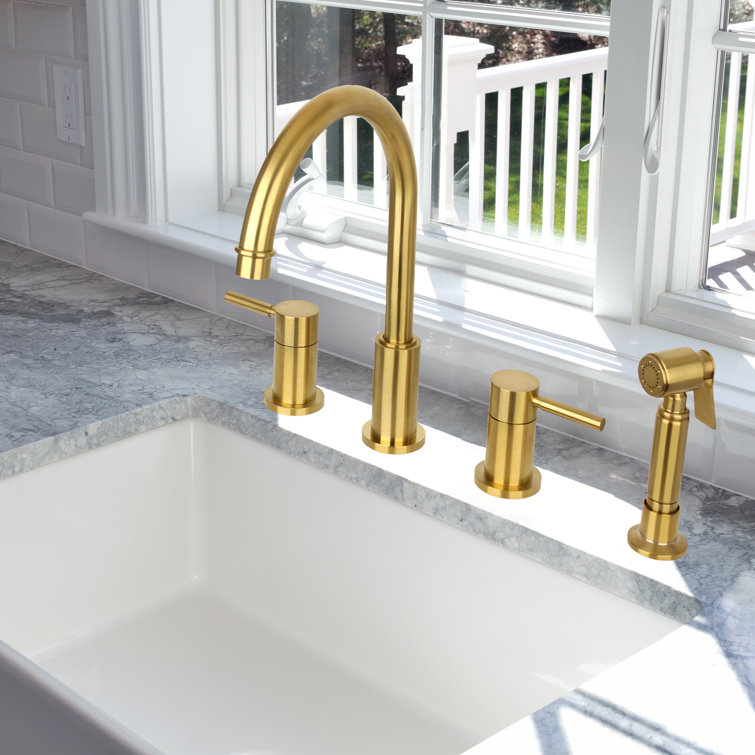 Brushed Gold Brass Double Handle Kitchen Faucet with Pull-out Spray