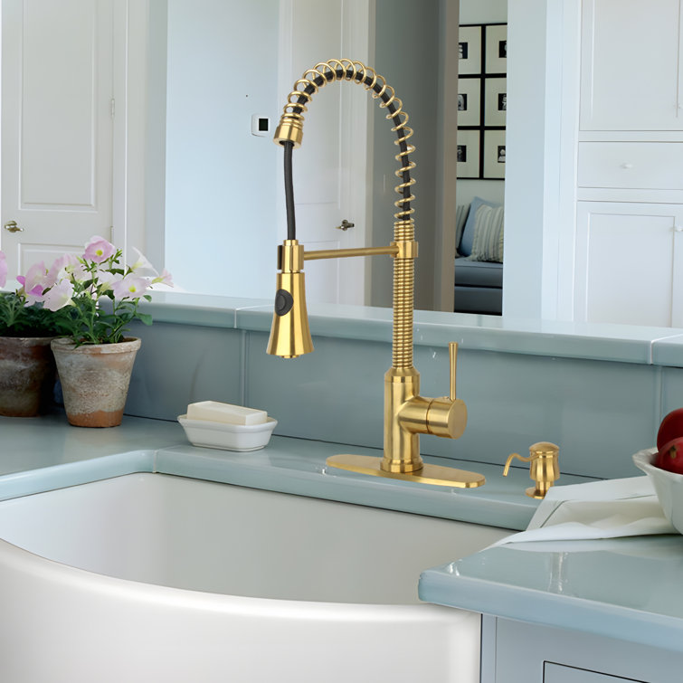 Brushed Gold Brass Pull Down Single Handle Kitchen Faucet