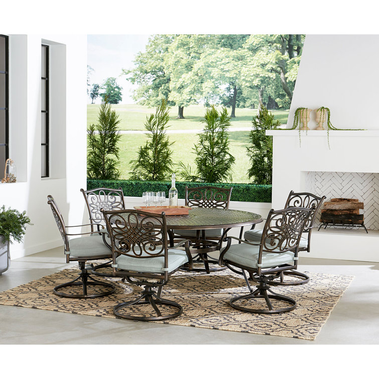 Bronze 7-Piece Outdoor Dining Set with Blue Cushions