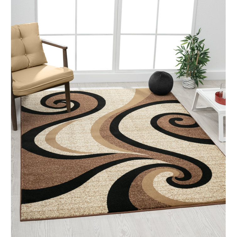 Beige and Brown Swirl Pattern Rectangular Synthetic Area Rug 5' x 7'
