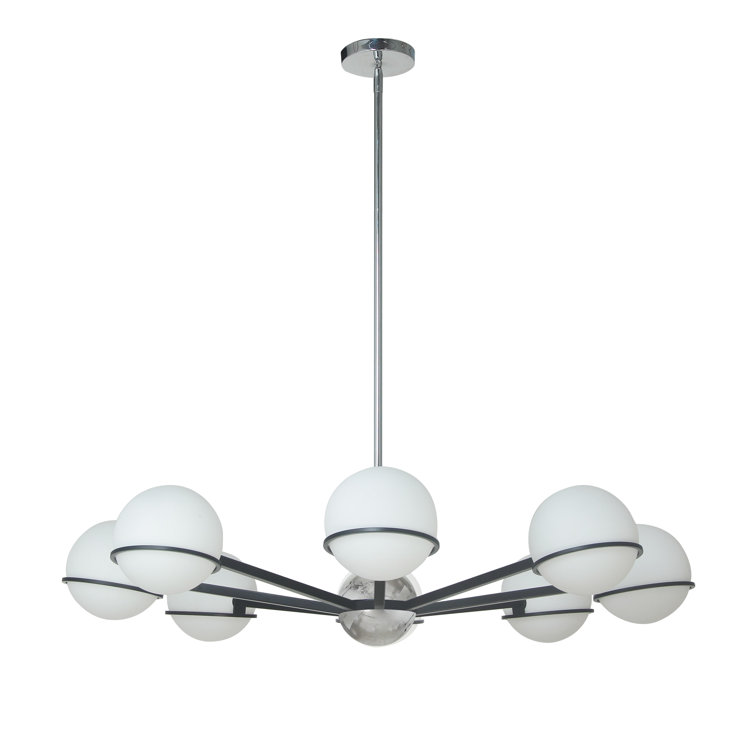 Sofia Modern 38" Chrome & Black Halogen Chandelier with White Globes