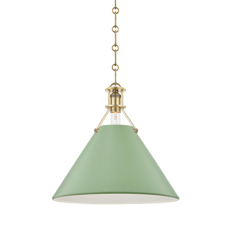 Aged Brass and Leaf Green Cone Pendant Light with Metal Shade