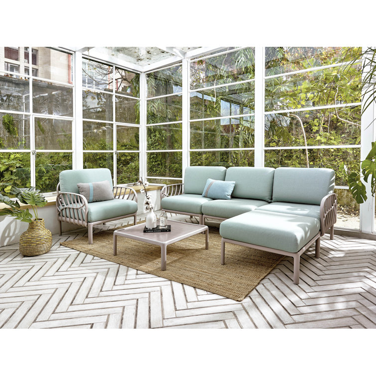 Laurel Inspired 31'' Gray Outdoor Ottoman with Seafoam Sunbrella Cushion