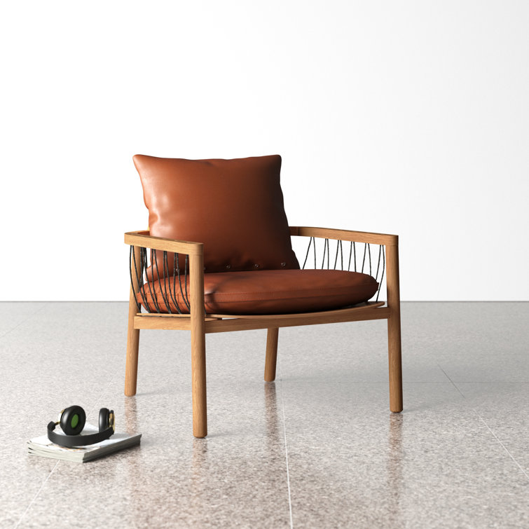 Brown Genuine Leather and Oak Armchair with Square Arms
