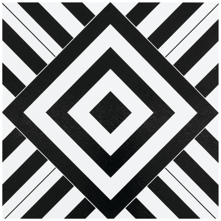 Geometric Black and White Self-Adhesive Vinyl Floor Tiles, 12" x 12", 20 Tiles