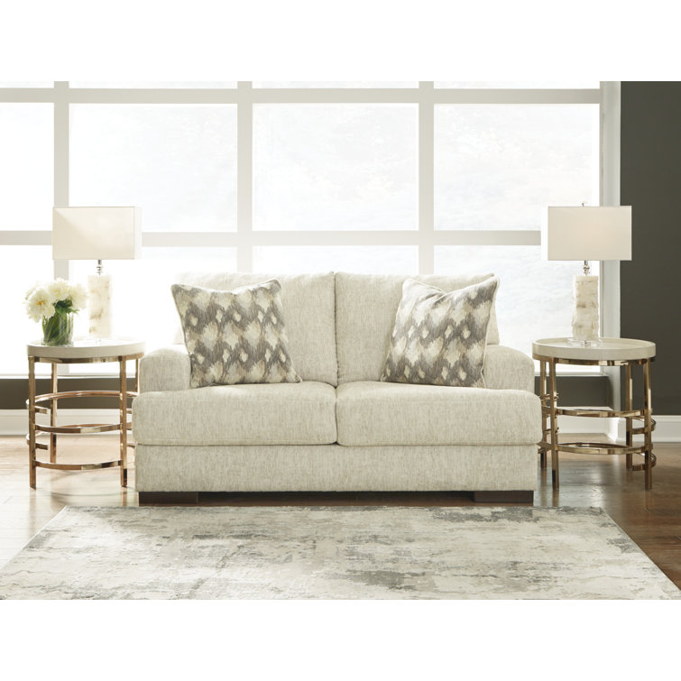 Beige Microfiber Track Arm Loveseat with Removable Cushions