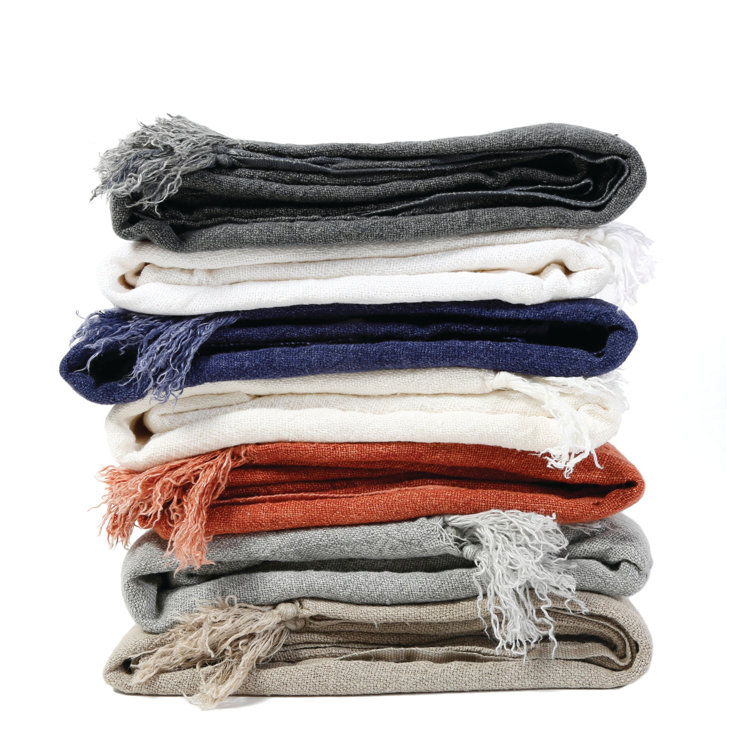 Indigo Montauk King-Size Heavy Linen Throw Blanket with Knotted Fray Edges