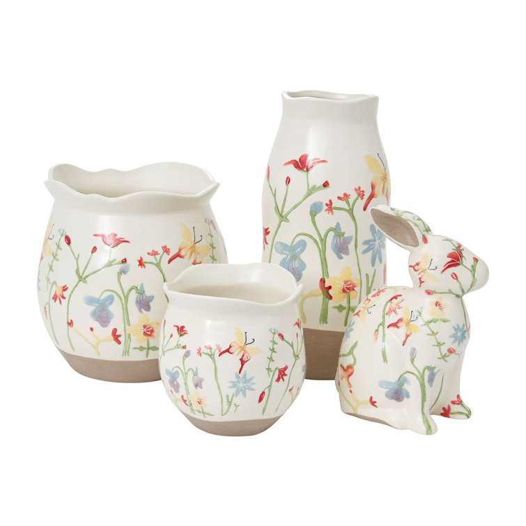 Large Creamy Ceramic Planter with Floral Design