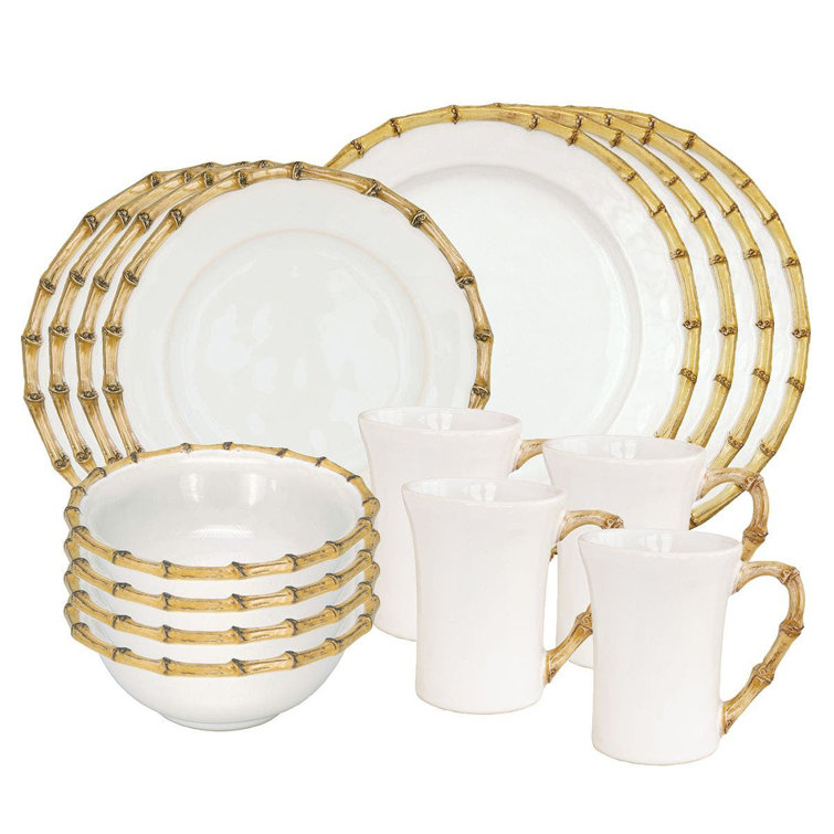 White Ceramic Dinnerware Set with Bamboo Embellishments, Service for 4